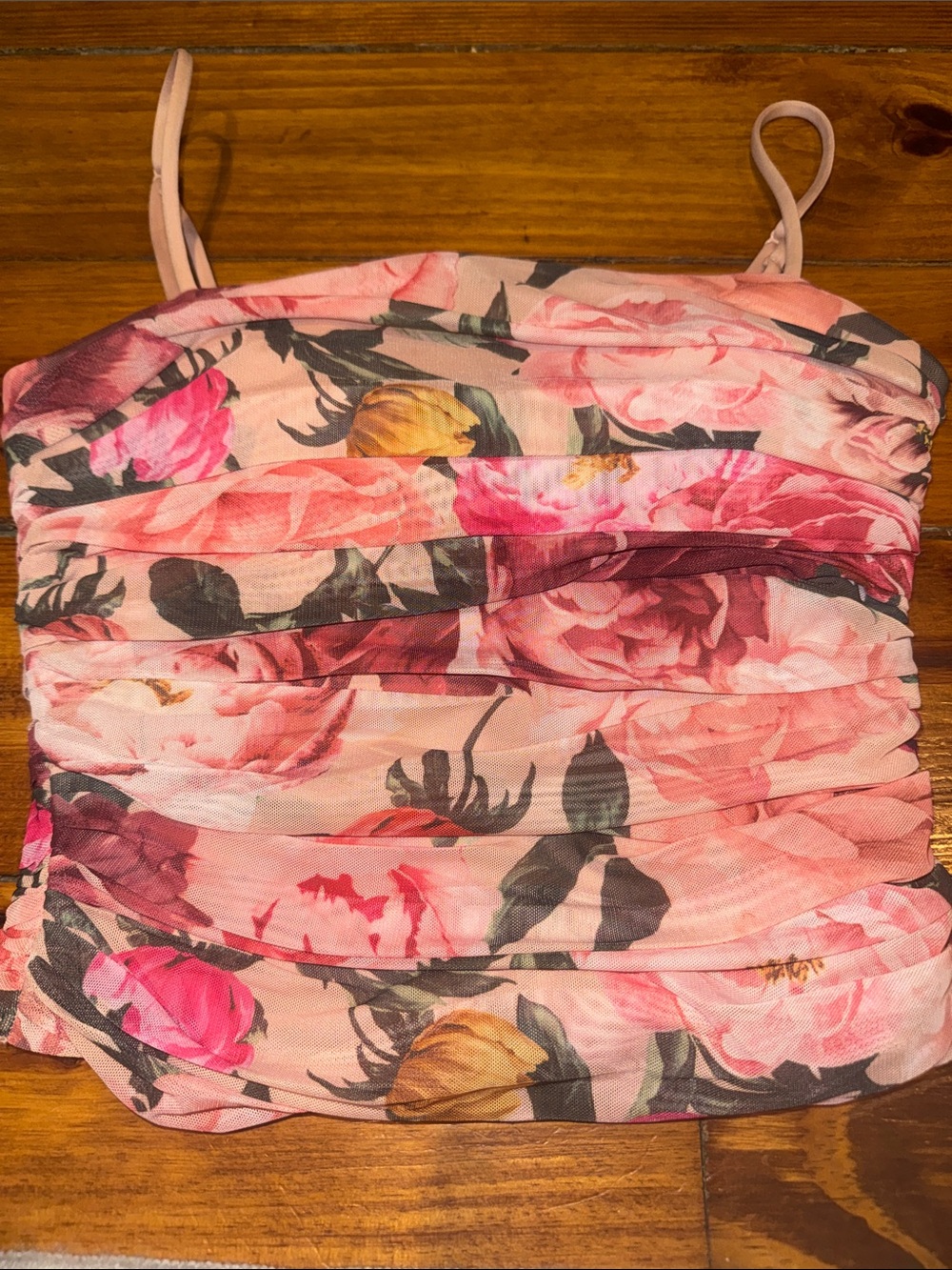 Express BodyCon Pink Floral Ruched Spaghetti Strap Top